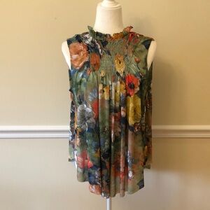 Anthropologie Deletta Green Floral Sleeveless Pleated Blouse Size Small EUC